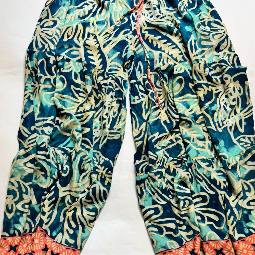 Boho Women Blue Silk Print Wide Leg Pants Elastic Waist Clothing New1. 498